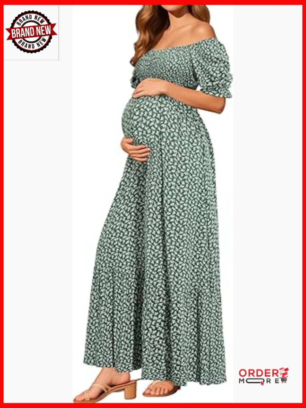 Maternity Floral Maxi Dress Off Shoulder Smocked Puff Sleeve Baby Shower Photo